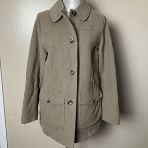 L.L. Bean Womens Insulated Tan Wool Coat Size Med Petite Button Up Patch Pockets